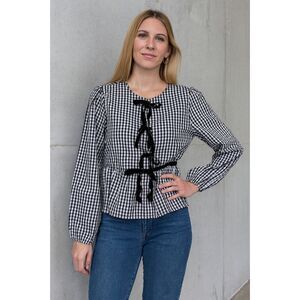 Black and White Gingham Blouse with Bow  And Snap Details